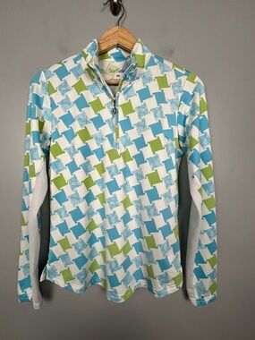 San Soleil geometric houndstooth 1/4 zip UPF 50 sun shirt, size XS.